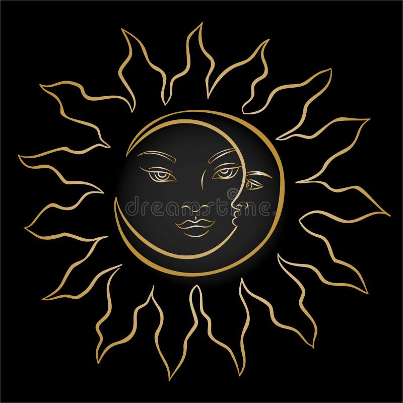 Hand drawn sun and moon face, gold sun and moon tattoo on black background