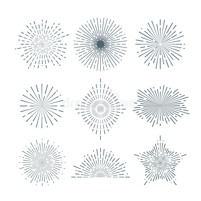 Hand drawn sunburst, vintage radial burst, abstract line sunshine vector collection