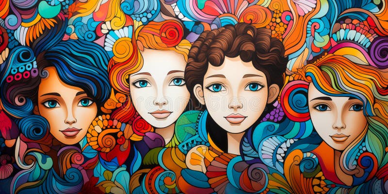 Hand-Drawn Tapestry of Diversity Multi-Ethnic Crowd in Colorful Pattern royalty free illustration