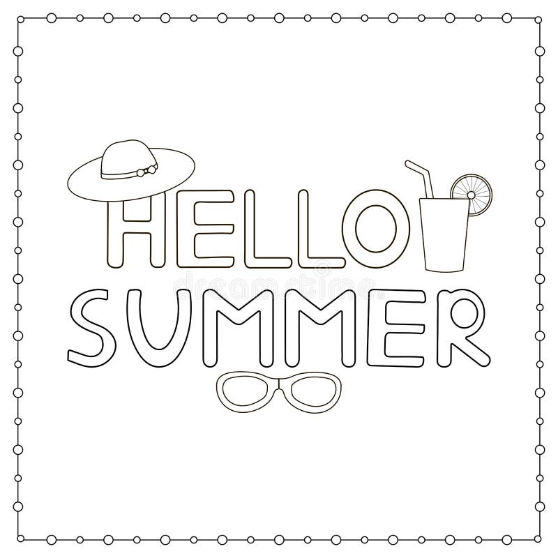 Hand Drawn Text Hello Summer. Coloring Page. Stock Vector