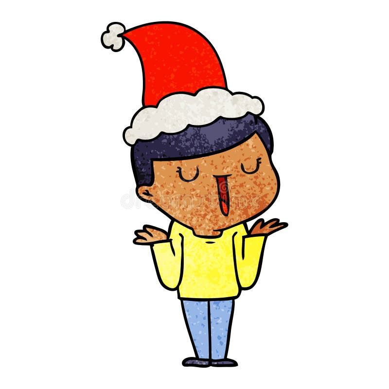 hand drawn textured cartoon of a happy boy with no worries wearing santa hat