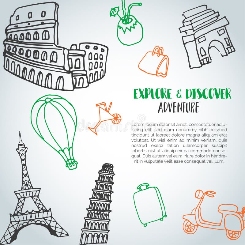 Hand drawn travel doodle background. Tourism and summer sketch with travelling elements: baggage, Eiffel Tower, beach