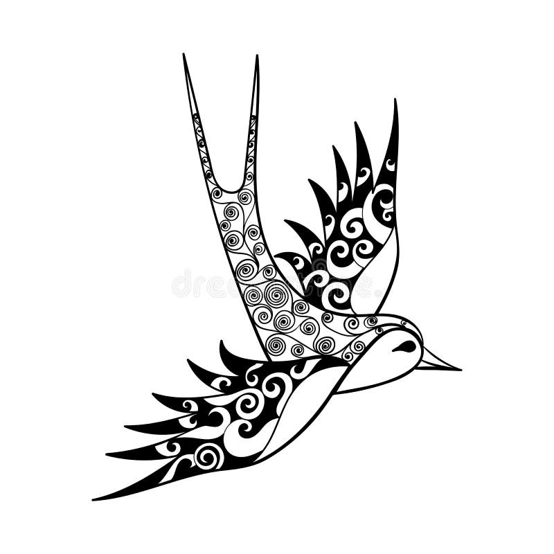 Hand drawn tribal Swallow, bird totem for adult Coloring Page or