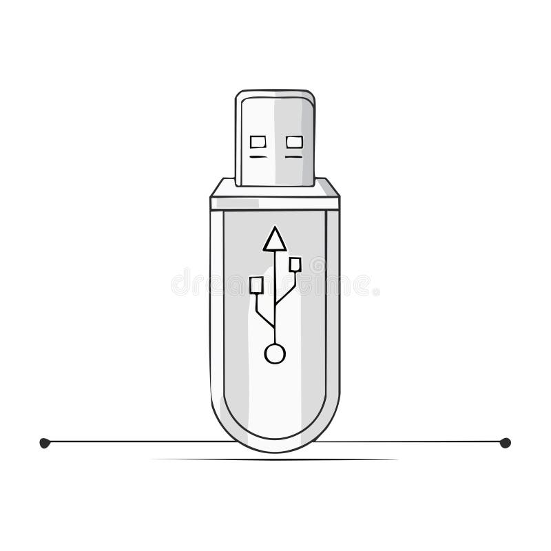 Hand-drawn USB flash drive illustration with universal serial bus symbol for digital data storage and technology concept stock illustration