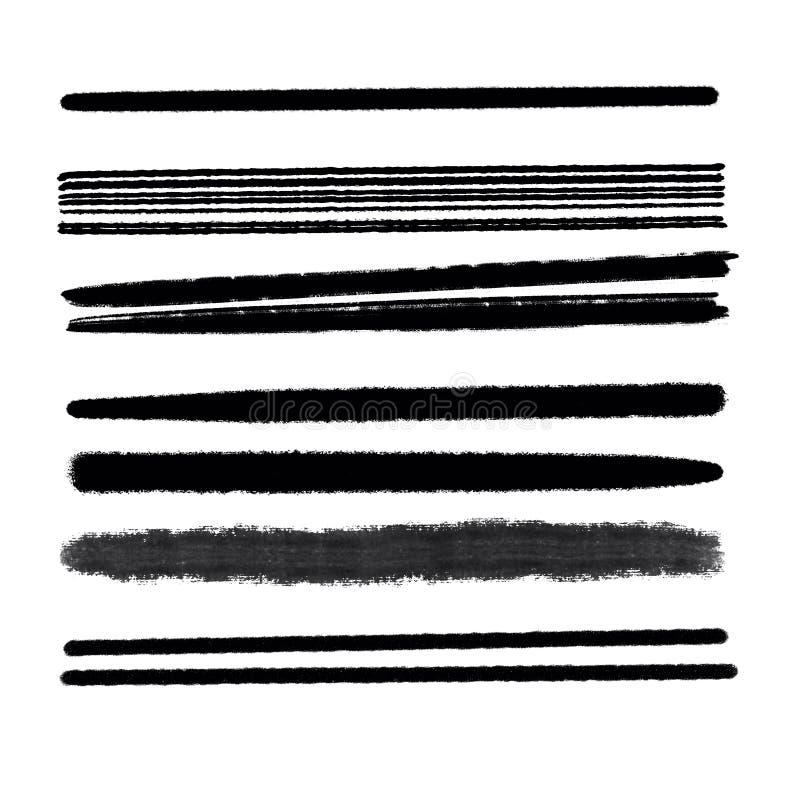 Hand drawn various shapes brush strokes. Creative black thin paint brush lines, isolated on white background