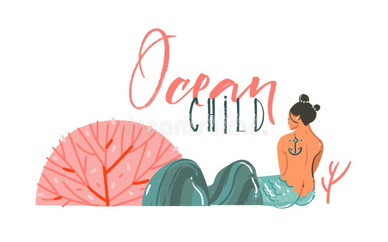 Hand drawn vector abstract cartoon graphic summer time underwater illustrations border with coral reefs,stones,beauty mermaid girl