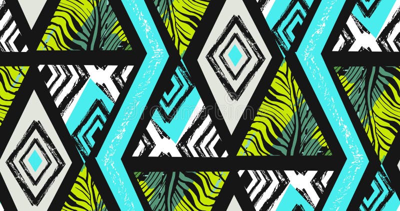 Hand drawn vector abstract freehand textured seamless tropical pattern collage with zebra motif,organic textures