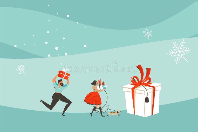 Hand drawn vector abstract fun Merry Christmas and Happy New Year time cartoon illustration greeting card with xmas.