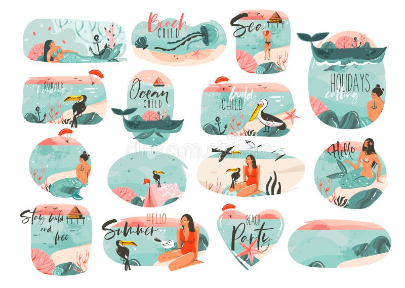 Hand drawn vector abstract cartoon summer time graphic illustrations art  template background with ocean beach landscape,pink sunset,boys and girls  on beach scene and summer never ends typography Stock Vector
