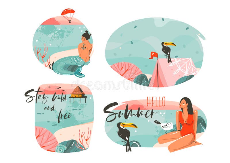 Hand drawn vector abstract graphic cartoon summer time flat illustrations sign collection set with girl,mermaid,camping stock illustration Hand drawn vector abstract graphic cartoon summer time flat illustrations sign collection set with girl,mermaid,camping stock illustration
