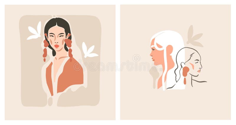 Beautiful woman profile botanical boho illustration print. Vector