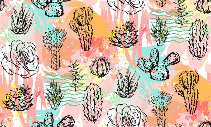 Hand drawn vector abstract graphic creative succulent,cactus and plants seamless pattern on colorful artistic brush