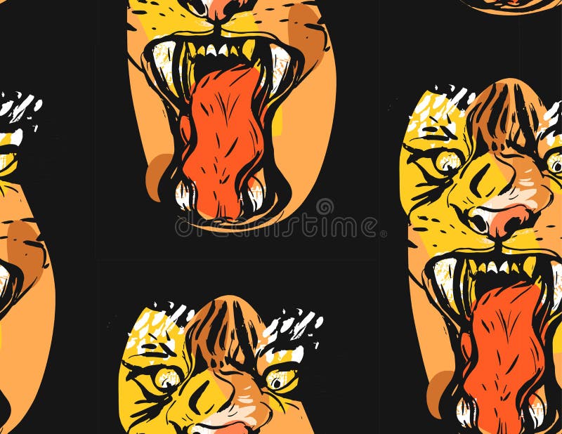 Hand drawn vector abstract graphic drawing seamless pattern of anger tiger face in orange colors isolated on black vector illustration