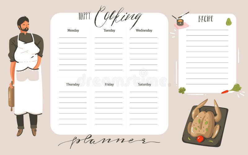 Hand drawn vector abstract modern cartoon cooking studio class illustrations weekly cooking planner and recipe card stock illustration Hand drawn vector abstract modern cartoon cooking studio class illustrations weekly cooking planner and recipe card stock illustration