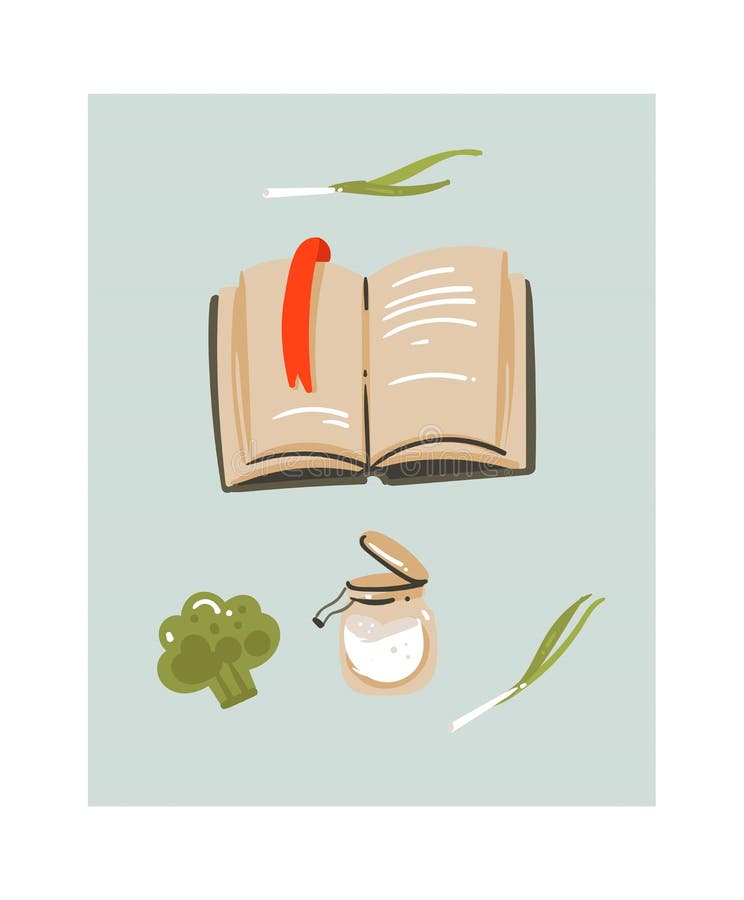 Hand drawn vector abstract modern cartoon cooking time fun illustrations icon with recipes cookbook and vegetables vector illustration Hand drawn vector abstract modern cartoon cooking time fun illustrations icon with recipes cookbook and vegetables vector illustration