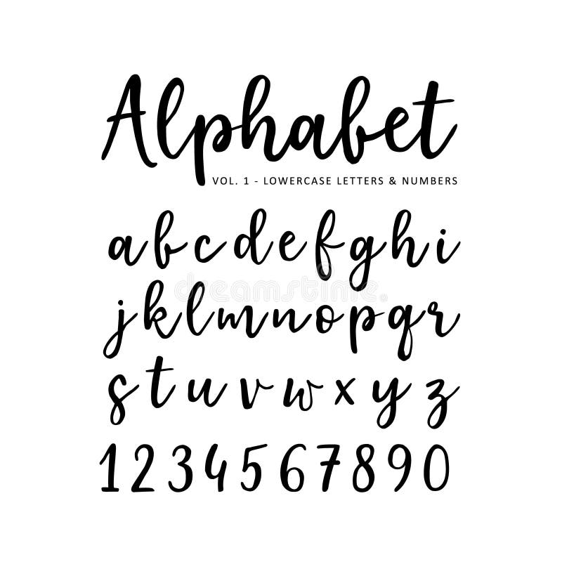 Hand drawn vector alphabet. Brush script font. Isolated lower case letters and numbers written with marker or ink