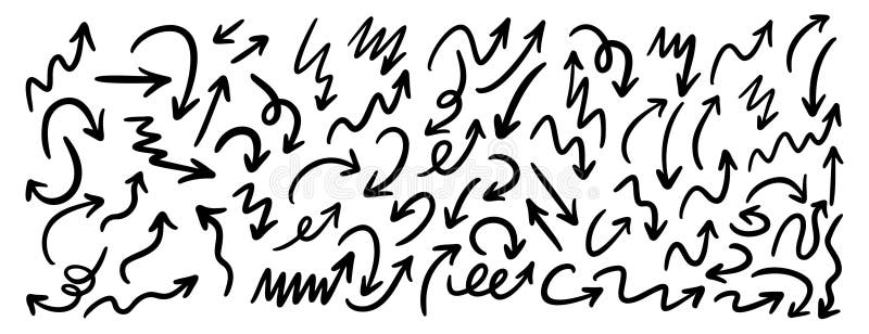 Hand drawn vector arrows doodle set on white background. dynamic arrows element. Vector illustration. Up down arrows isolated vectors