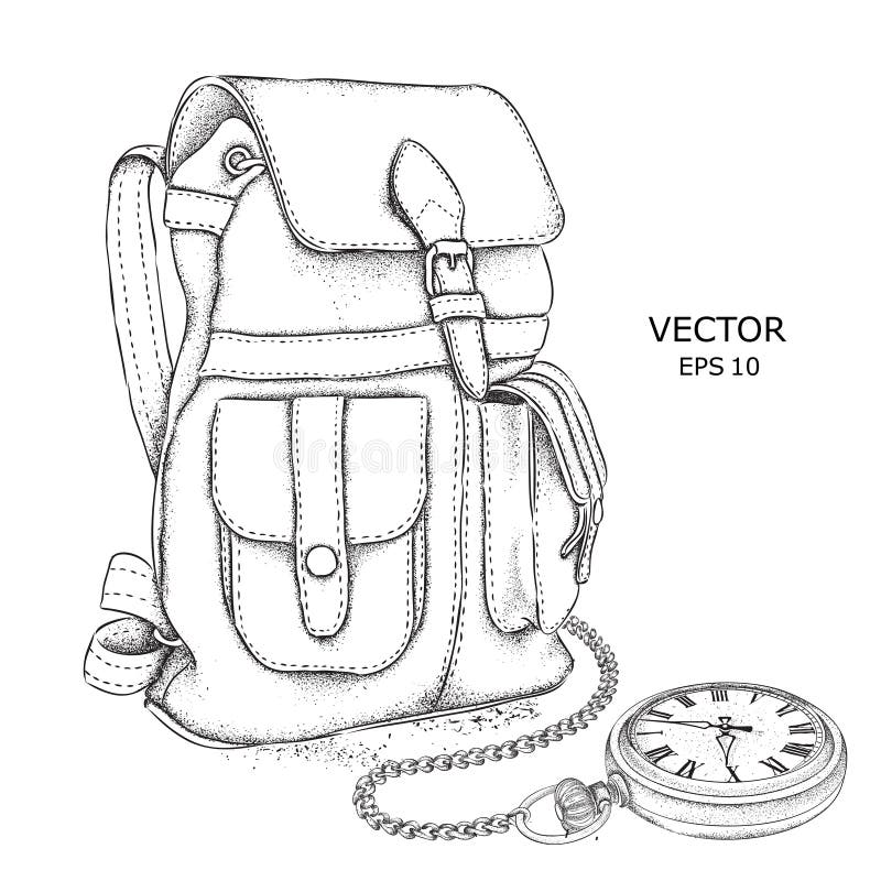 Hand Drawn Vector Backpack and Pocket Watch on a Chain. it`s Time To