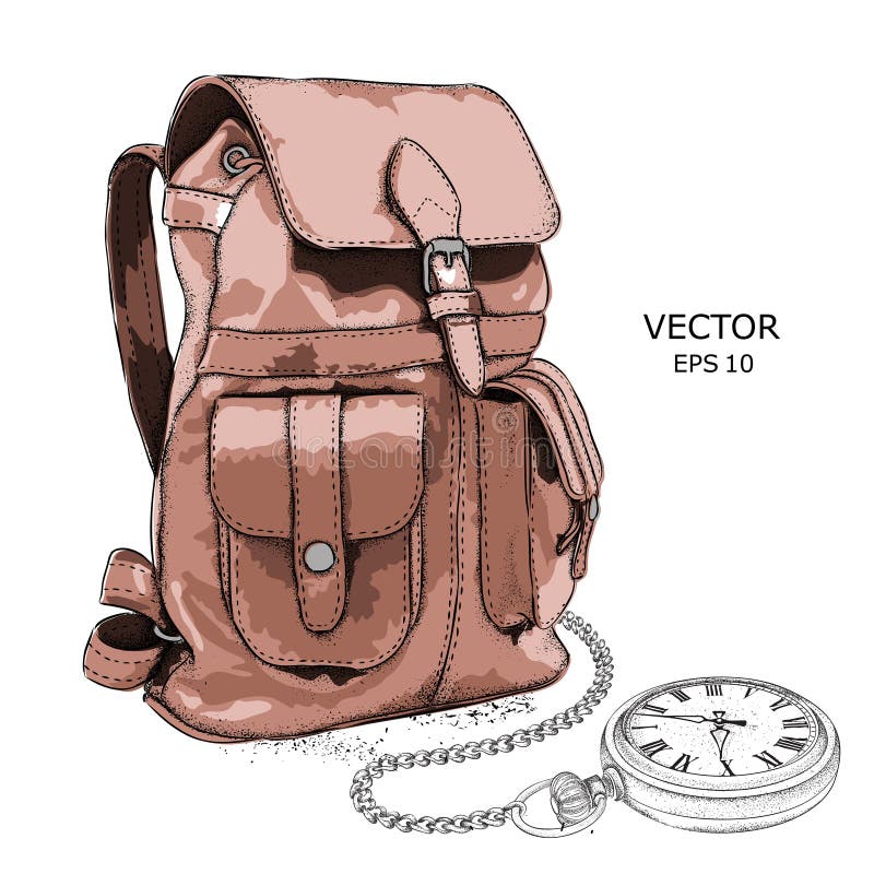 Hand Drawn Vector Backpack and Pocket Watch on a Chain. it`s Time To