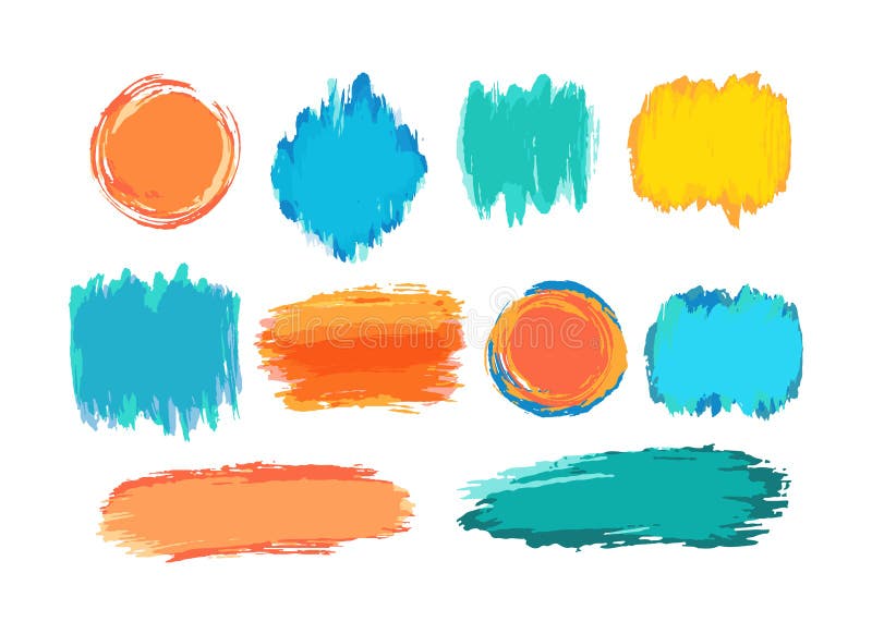 Hand drawn vector brush strokes backgrounds. Color paint spots, watercolor brushstroke set. Acryl artistic paint blobs highlights. Abstract splashes, stains and circle shapes, creative design elements