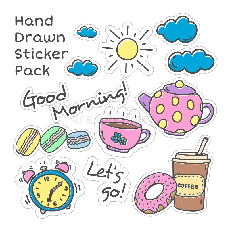 Hand Drawn Good Morning Sticker Pack on White Background Stock Vector