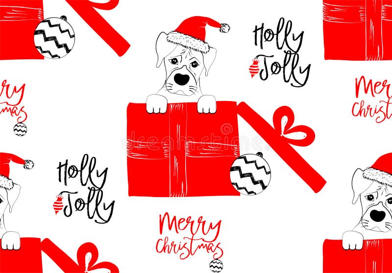 Hand drawn vector illustration with a cute baby dog celebrating celebrating a Merry Christmas - seamless pattern stock illustration Hand drawn vector illustration with a cute baby dog celebrating celebrating a Merry Christmas - seamless pattern stock illustration