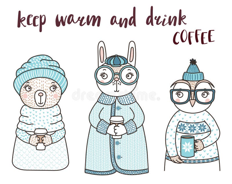 https://thumbs.dreamstime.com/b/hand-drawn-vector-illustration-cute-funny-rabbit-owl-bear-knitted-sweaters-holding-cups-text-keep-warm-drink-coffee-101953396.jpg