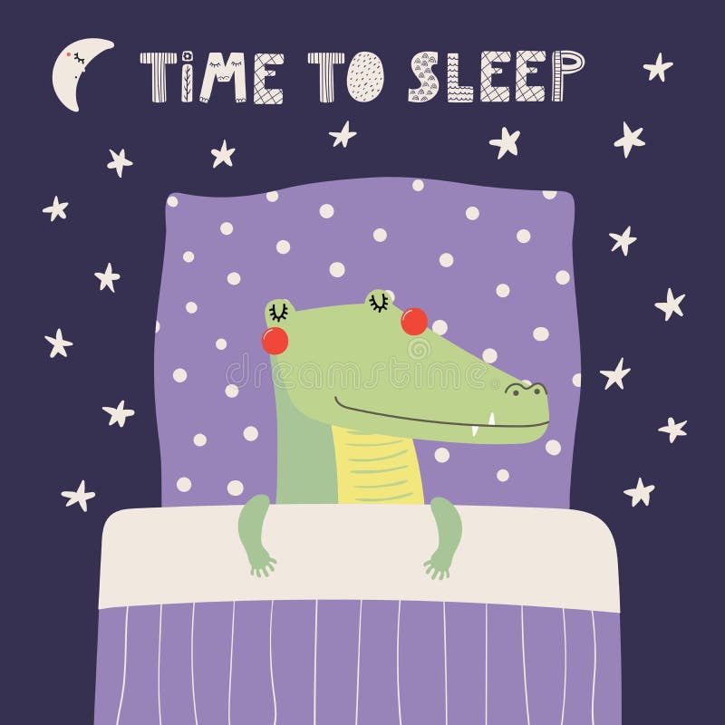Hand drawn vector illustration of a cute funny sleeping crocodile, with pillow, blanket, lettering quote Time to sleep. Isolated objects. Scandinavian style flat design. Concept for children print. Hand drawn vector illustration of a cute funny sleeping crocodile, with pillow, blanket, lettering quote Time to sleep. Isolated objects. Scandinavian style flat design. Concept for children print.
