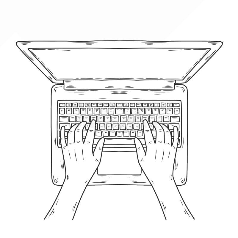 Hand drawn vector illustration of hands typing on laptop Keyboard. Workspace Sketch. Line art style hand drawn illustration on royalty free illustration