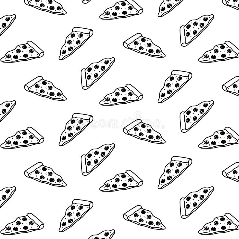Hand Drawn Vector Illustration of Pizza Pattern. Black and White.cartoon Style Stock Vector