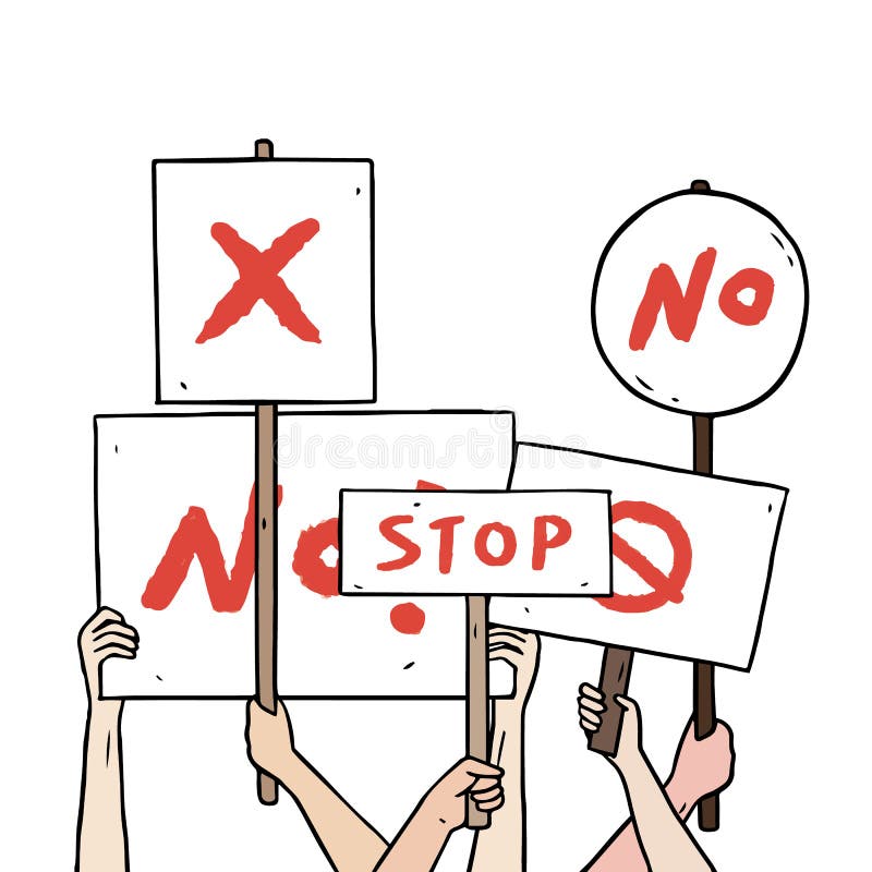 Hand drawn vector illustration of protester hand holding protest sign board set. Protest Sign frame with text on white background. stock illustration Hand drawn vector illustration of protester hand holding protest sign board set. Protest Sign frame with text on white background. stock illustration