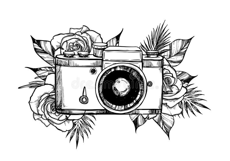 Download Hand Drawn Vector Illustration - Retro Camera With Flower Bouque Stock Vector - Illustration of ...