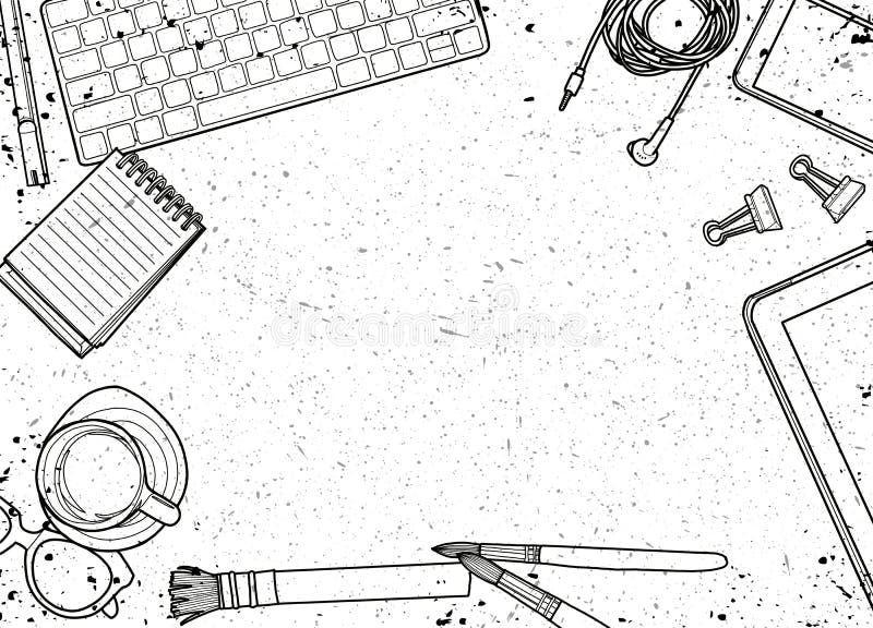 Hand Drawn Vector Illustration ,Top View of Office Supplies and Stock