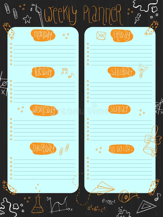 Weekly Calendar on Chalkboard . 7 Day Plan on Black Chalkboard Background. School Timetable