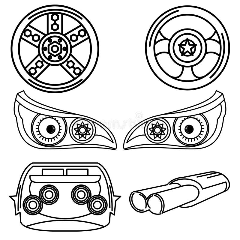 Hand drawn vector set of cars and car keys with decorative circular design and green pattern stock illustration