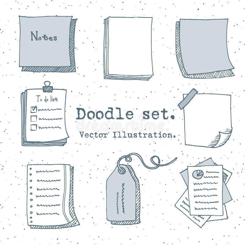 Hand drawn vector set of paper sheet, pack of paper, tag, sticky note, notepad page with pin, scotch tape and paperclip. Doodle st stock illustration Hand drawn vector set of paper sheet, pack of paper, tag, sticky note, notepad page with pin, scotch tape and paperclip. Doodle st stock illustration