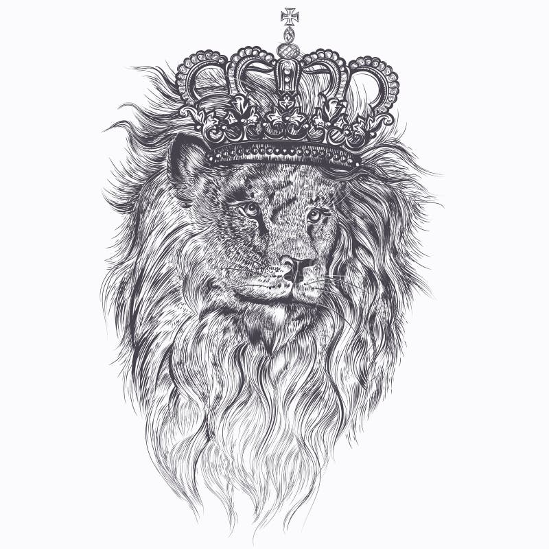 Hand drawn vector tattoo illustration with lion in royal king crown for design