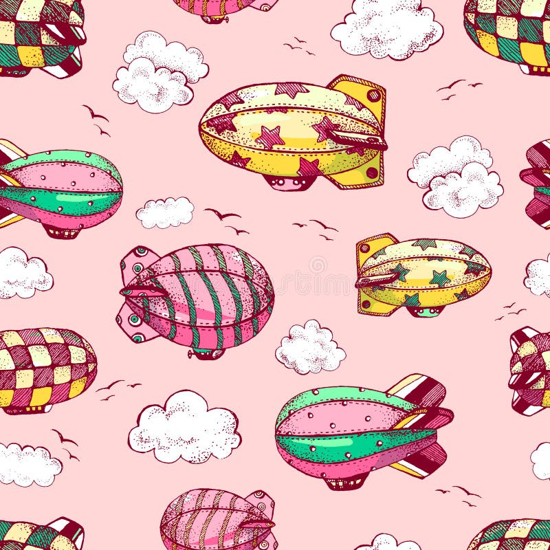 Hand drawn vector vintage seamless pattern with cute little airc