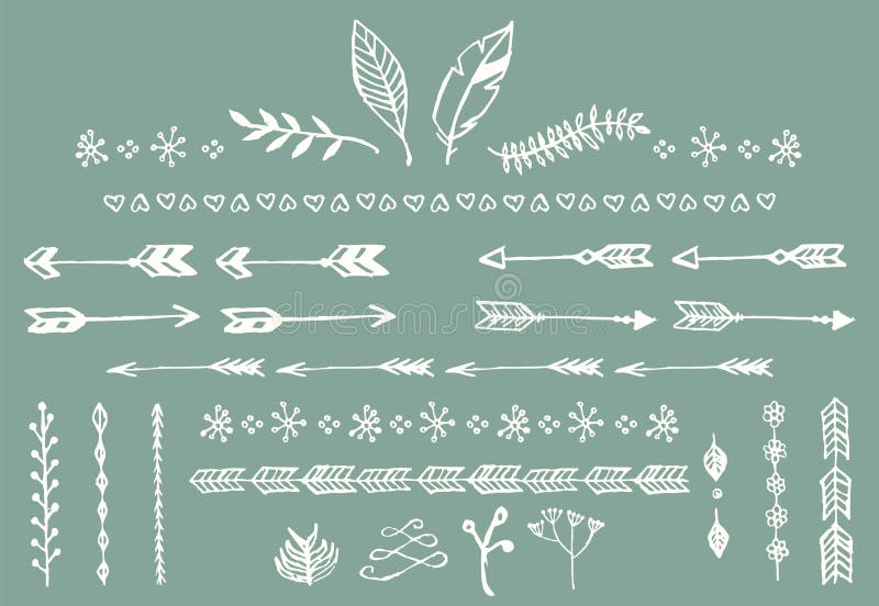 Hand drawn vintage arrows, feathers, dividers and floral elements