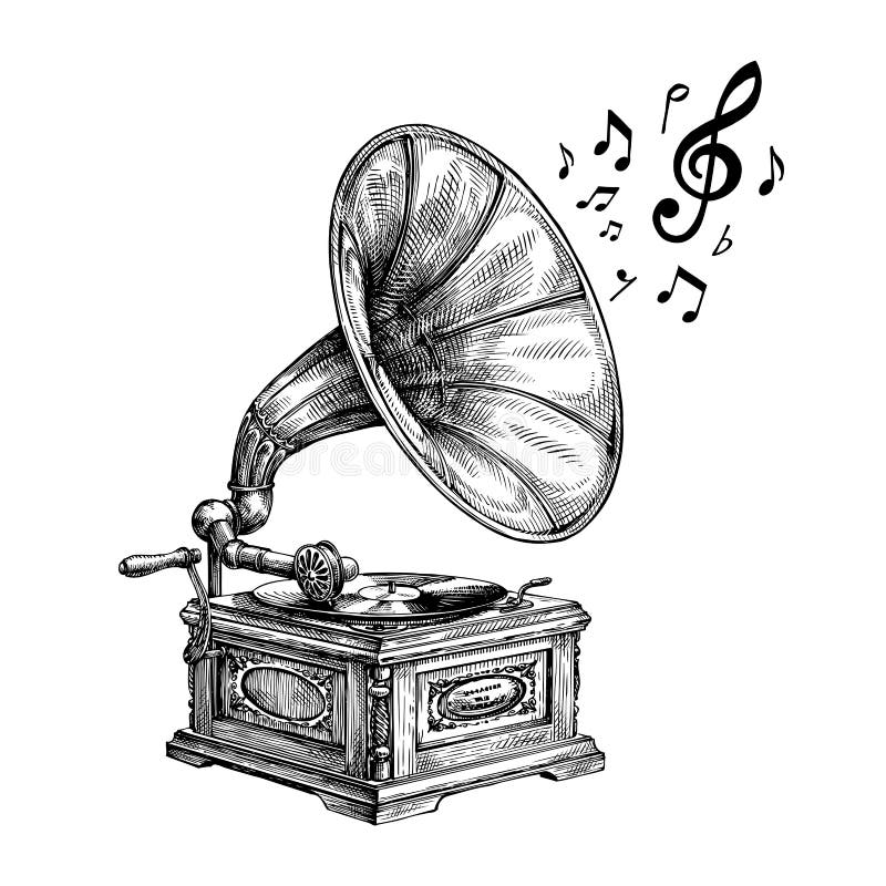 Hand-drawn vintage gramophone with music notes. Vector illustration stock illustration Hand-drawn vintage gramophone with music notes. Vector illustration stock illustration
