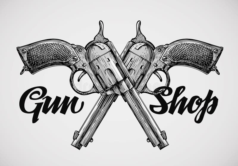 Hand drawn vintage guns. Crossed pistols. Vector illustration