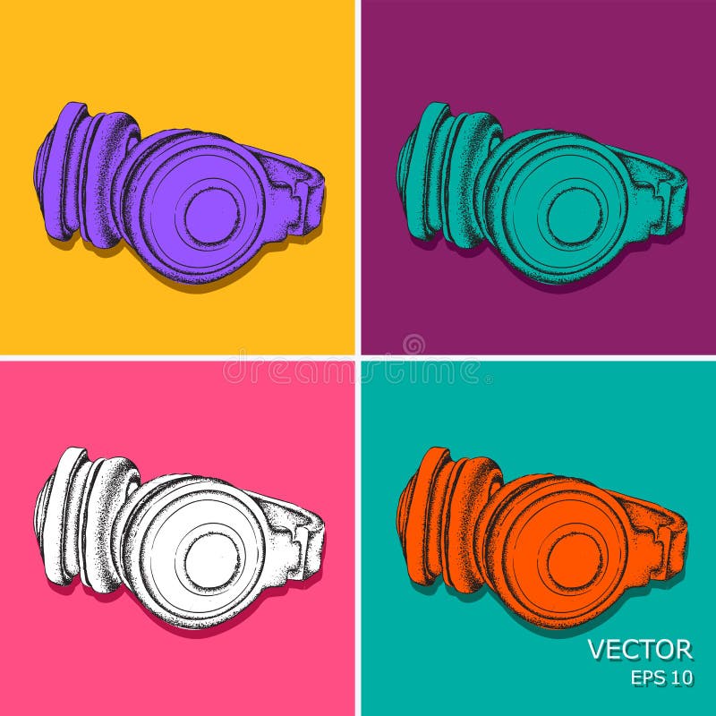 Handdrawn Vintage Headphones. Pop Art Style Vector Illustration. Stock