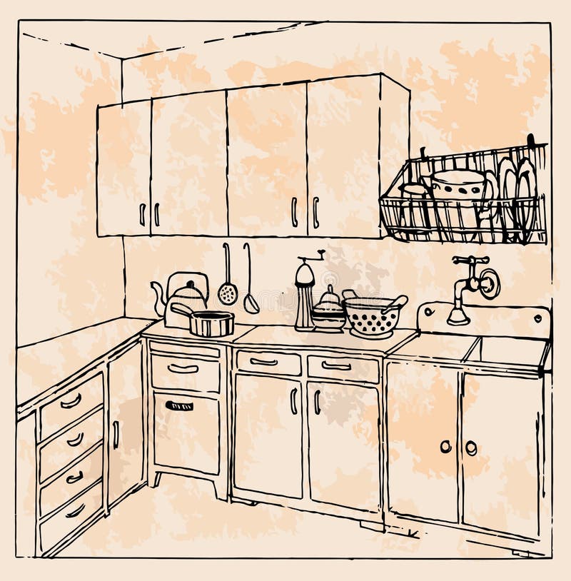 Handdrawn vintage kitchen stock vector. Illustration of vector 32233753