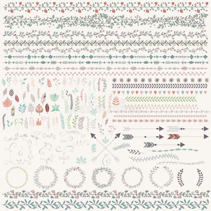 Hand drawn vintage leaves, arrows, feathers, wreaths, dividers, royalty free illustration Hand drawn vintage leaves, arrows, feathers, wreaths, dividers, royalty free illustration