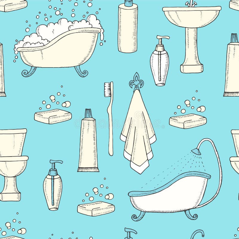 Seamless pattern with bath accessories - towels, shampoo