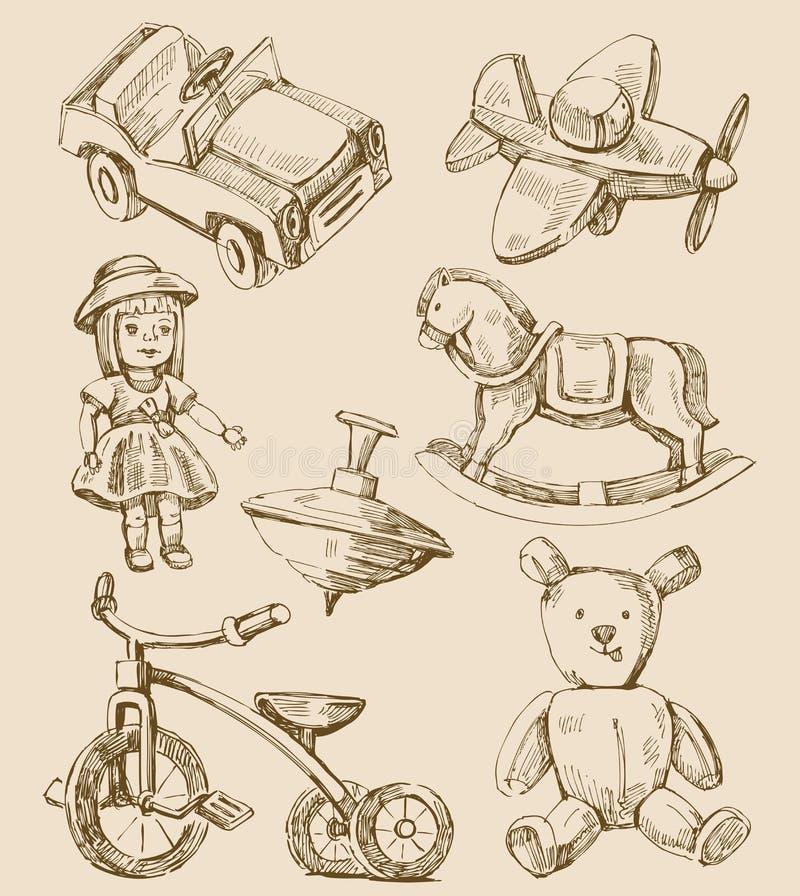 Hand Drawn Vintage Toys Collection Stock Vector - Illustration of