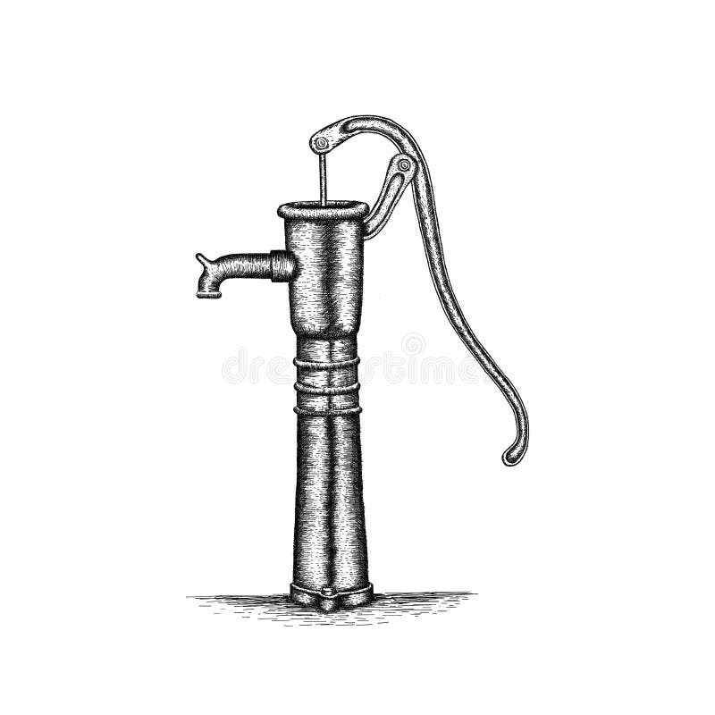 An old fashioned hand powered water pump in a garden in black and