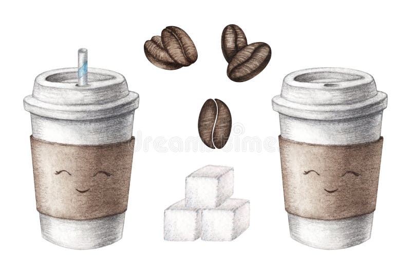 Hand drawn watercolor cardboard paper cute coffee cup, sugar cubes, beans set with a straw, take away to go, isolated on