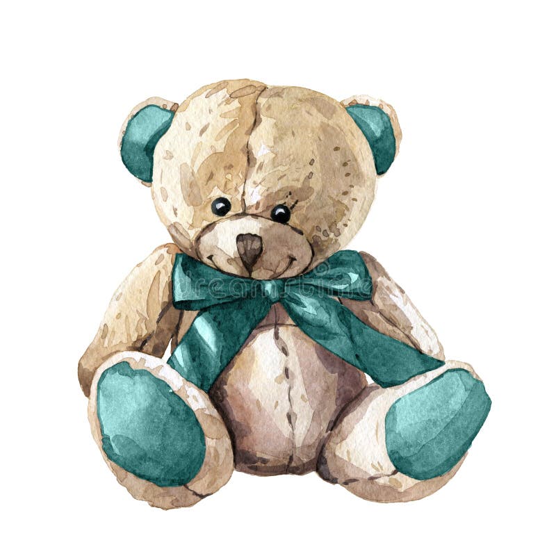 Hand drawn watercolor children`s toy teddy bear