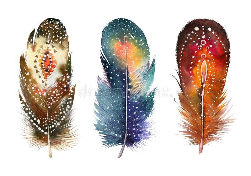 Hand drawn watercolor feather set. Boho style royalty free illustration Hand drawn watercolor feather set. Boho style royalty free illustration
